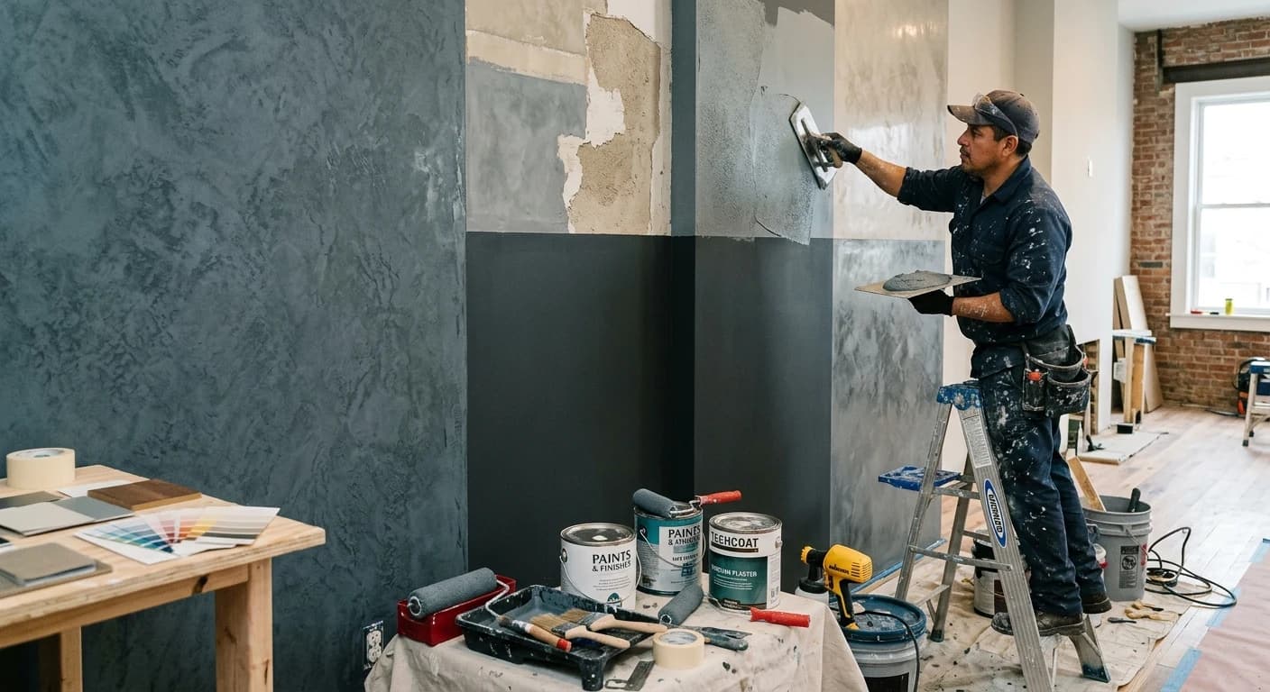 Pintor aplicando el acabado en la pared de una vivienda